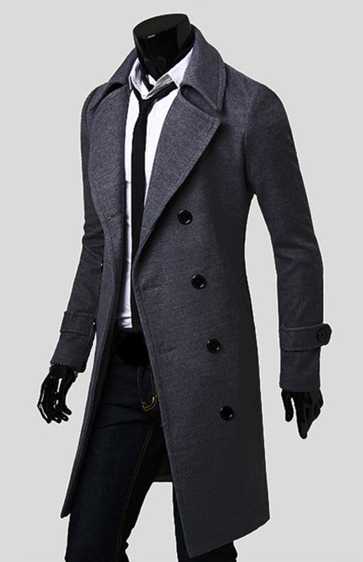 Men's Double Breasted Long Simple Wool Coat - Serenity Land fashion