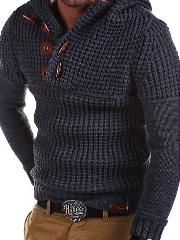 Men's Solid Color Quarter Button Horn Sweater - Serenity Land fashion