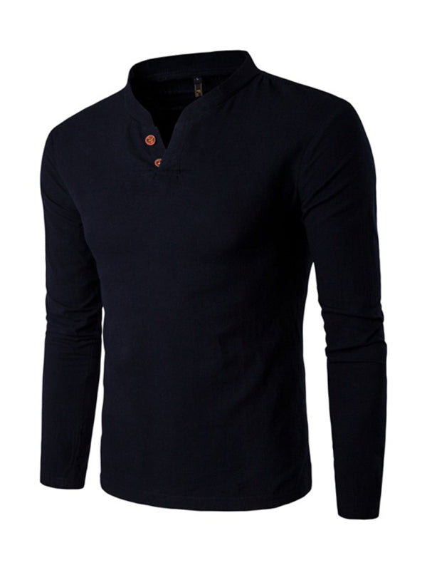 Solid Color Notched Collar Long Sleeve T Shirt - Serenity Land fashion