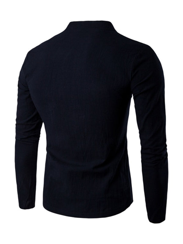 Solid Color Notched Collar Long Sleeve T Shirt - Serenity Land fashion