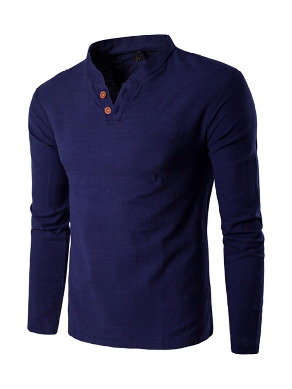 Solid Color Notched Collar Long Sleeve T Shirt - Serenity Land fashion