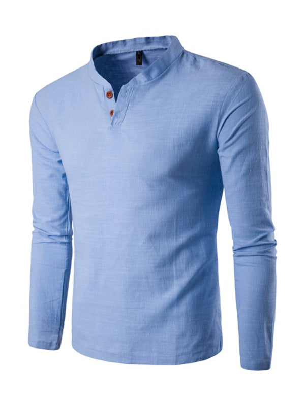 Solid Color Notched Collar Long Sleeve T Shirt - Serenity Land fashion