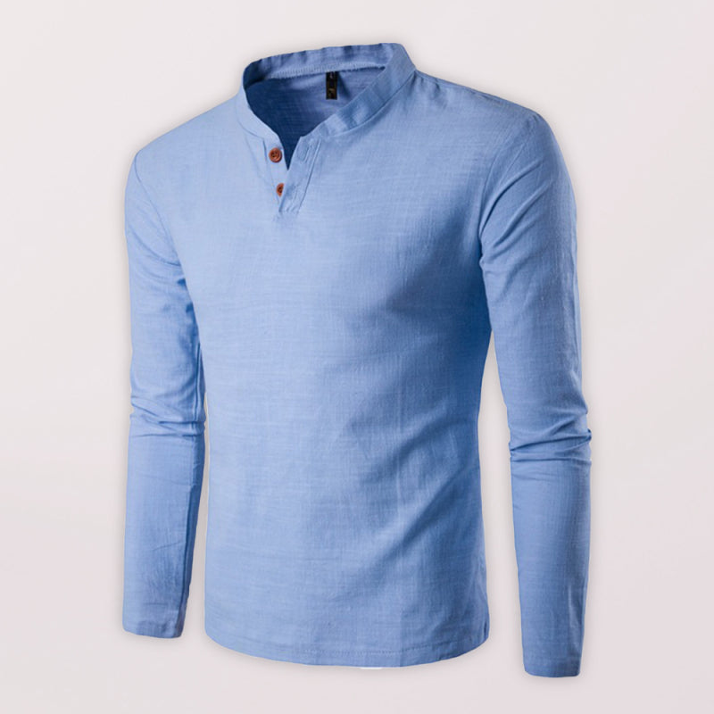 Solid Color Notched Collar Long Sleeve T Shirt - Serenity Land fashion