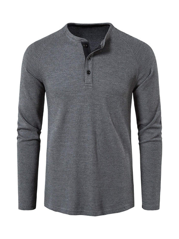 Solid Color Waffle Knit Henley - Serenity Land fashion