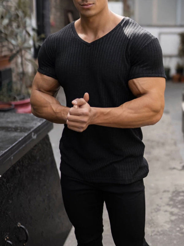 Rib-knit V-neck Short-sleeve T-shirt - Serenity Land fashion