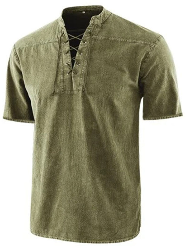 Men's Solid Color Lace Up Woven Short Sleeve Top - Serenity Land fashion