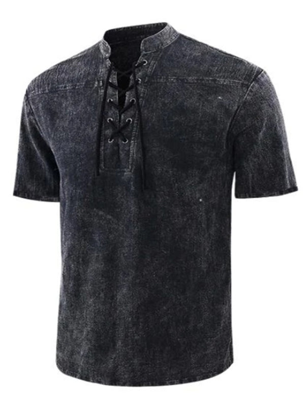 Men's Solid Color Lace Up Woven Short Sleeve Top - Serenity Land fashion
