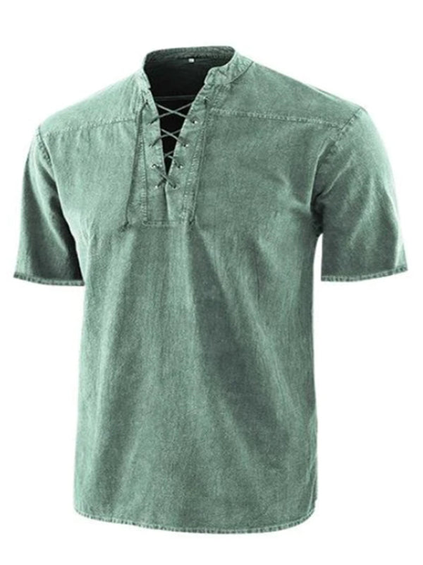 Men's Solid Color Lace Up Woven Short Sleeve Top - Serenity Land fashion