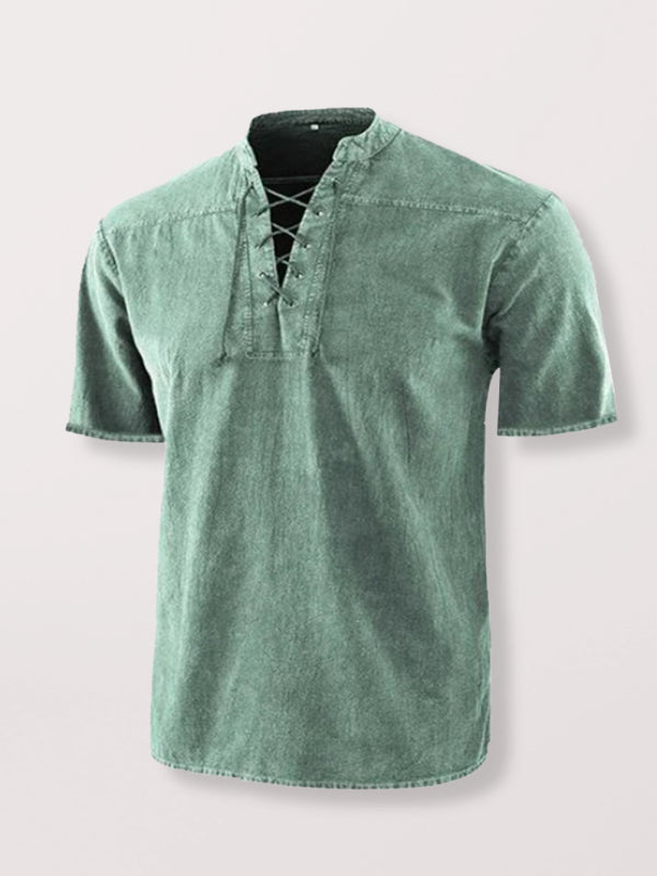 Men's Solid Color Lace Up Woven Short Sleeve Top - Serenity Land fashion