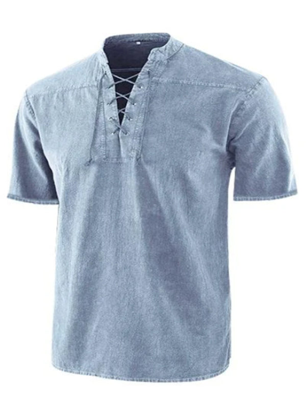 Men's Solid Color Lace Up Woven Short Sleeve Top - Serenity Land fashion
