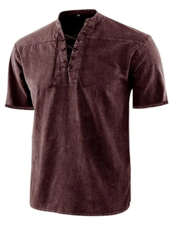 Men's Solid Color Lace Up Woven Short Sleeve Top - Serenity Land fashion