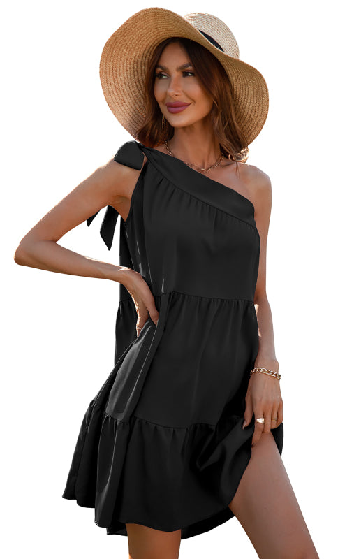 Diagonal Neck Solid Color Ruffle Dress - Serenity Land fashion