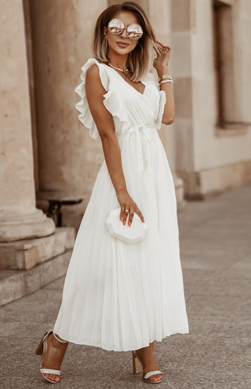 Lotus Leaf Sleeve Chiffon Pleated Dress