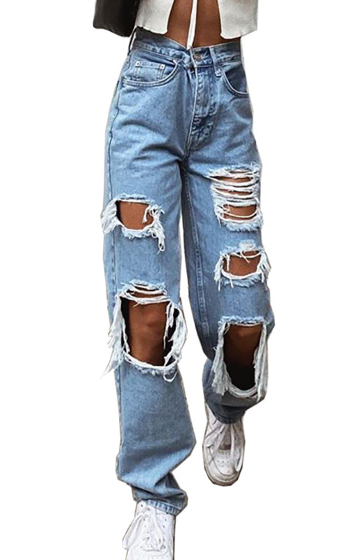 Ripped Wash Style Denim Jeans - Serenity Land fashion