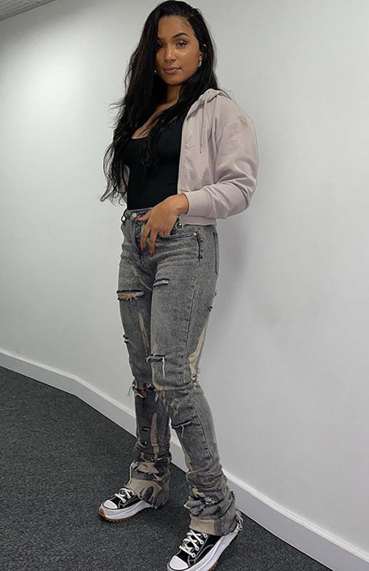 Ladies Zip Fly High Waist Washed White Slim Jeans - Serenity Land fashion