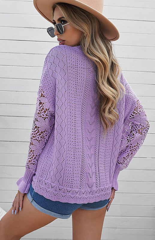 Long Sleeve Cutout Petal Sleeve Sweater - Serenity Land fashion