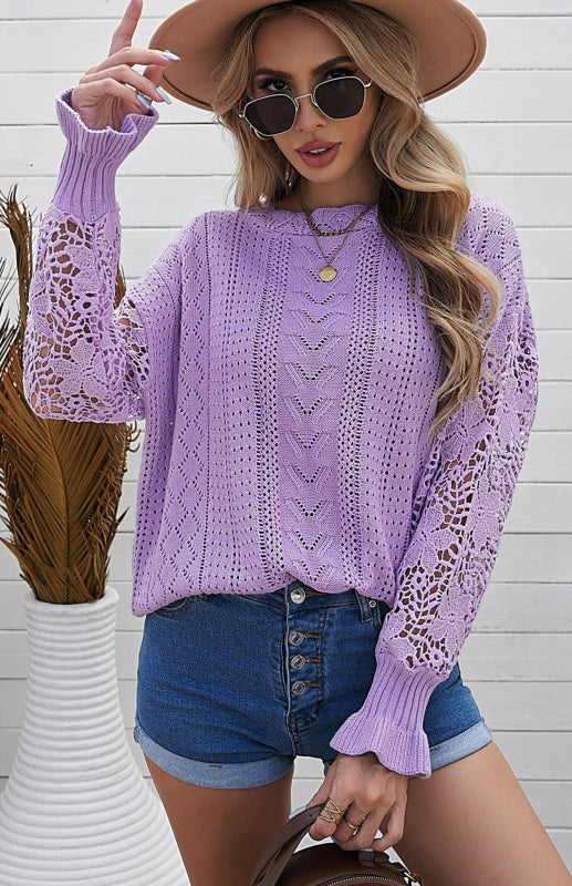 Long Sleeve Cutout Petal Sleeve Sweater - Serenity Land fashion