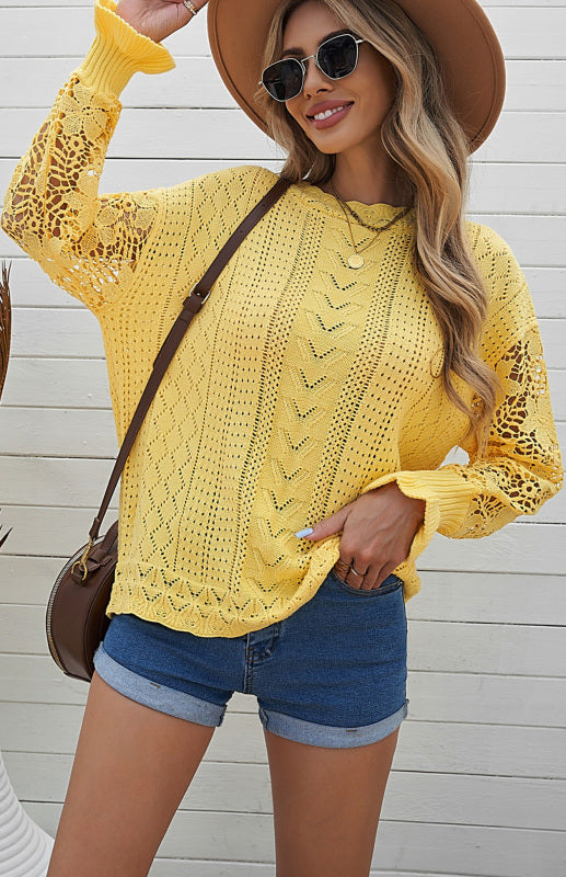 Long Sleeve Cutout Petal Sleeve Sweater - Serenity Land fashion