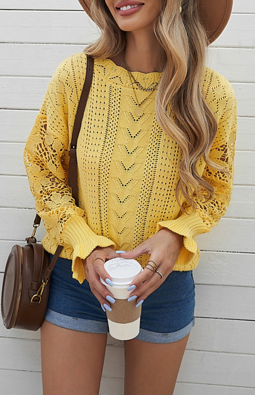 Long Sleeve Cutout Petal Sleeve Sweater - Serenity Land fashion