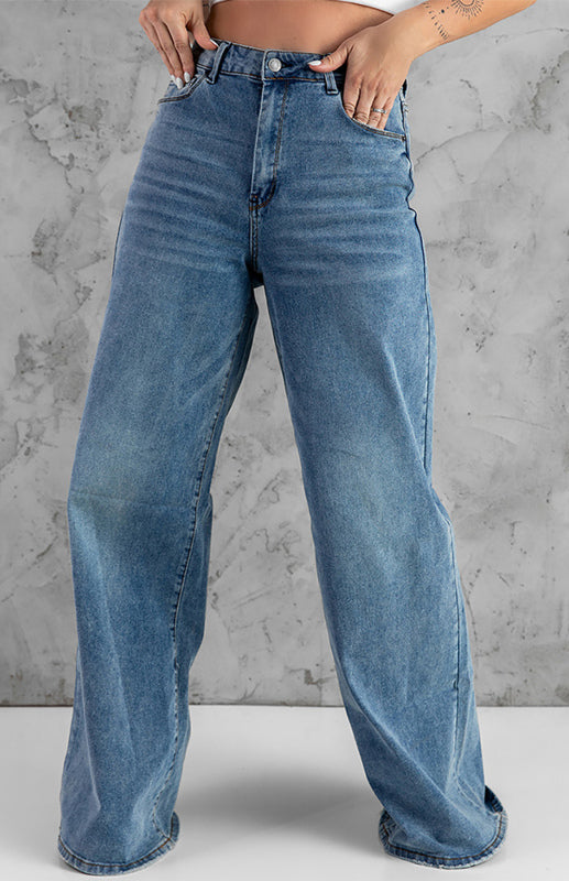 Sky Blue Vintage Wash Casual Wide Leg Jeans