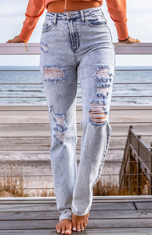 Sky Blue Fading Wash Distressed Casual Jeans - Serenity Land fashion