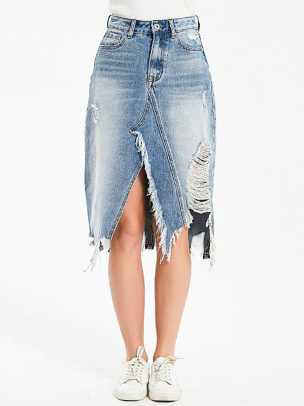 Irregular fringed ripped Denim midi skirt