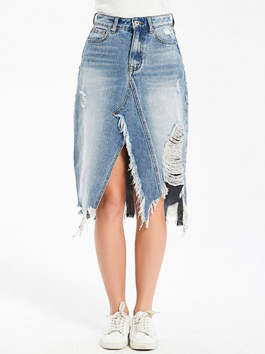 Irregular fringed ripped Denim midi skirt