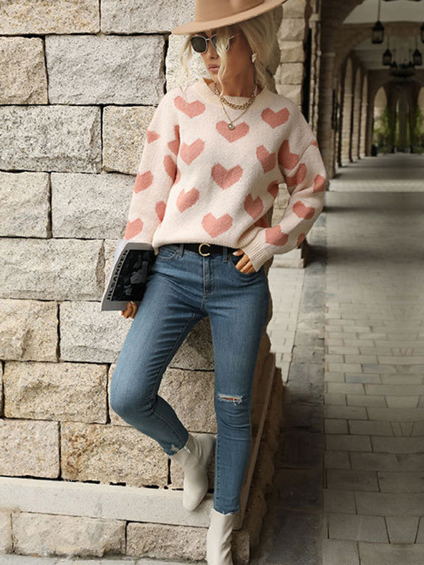 Knitted Casual Heart Long Sleeve Pink Sweater - Serenity Land fashion