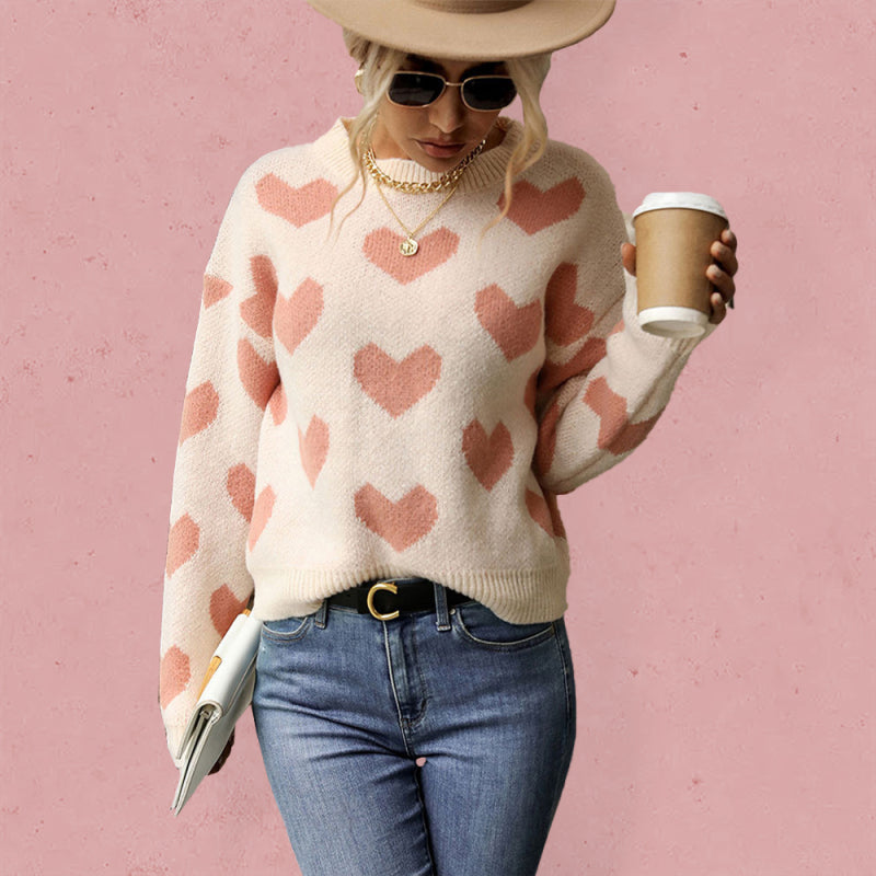 Knitted Casual Heart Long Sleeve Pink Sweater - Serenity Land fashion