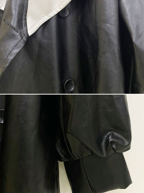 Elegant Contrast Rounded Collar Faux Leather Trench Coat - Serenity Land fashion