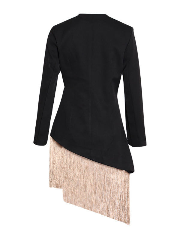 Embroidered jacquard irregular tassel hem blazer - Serenity Land fashion