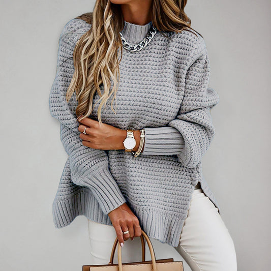 Casual Half Turtleneck Dropped Sleeve Side Slit Sweater - Serenity Land fashion
