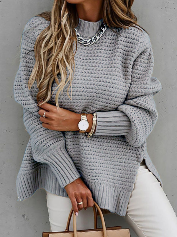 Casual Half Turtleneck Dropped Sleeve Side Slit Sweater - Serenity Land fashion