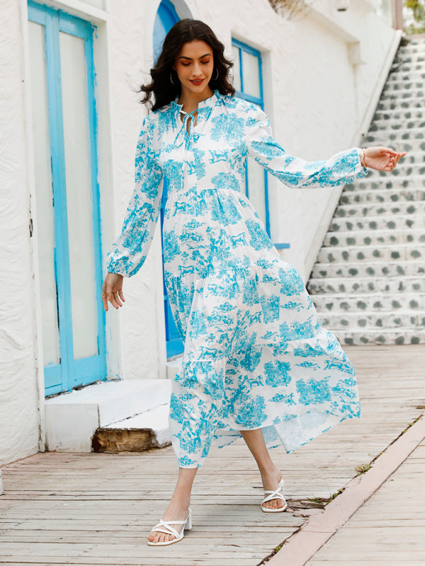 Women’s Printed Long Sleeve Ruffled Maxi Dress