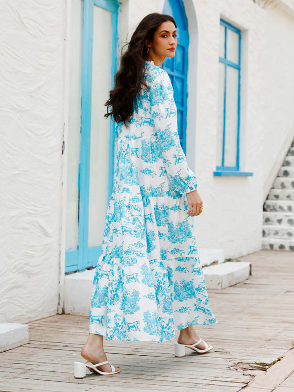 Women’s Printed Long Sleeve Ruffled Maxi Dress