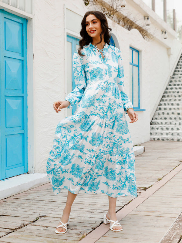 Women’s Printed Long Sleeve Ruffled Maxi Dress