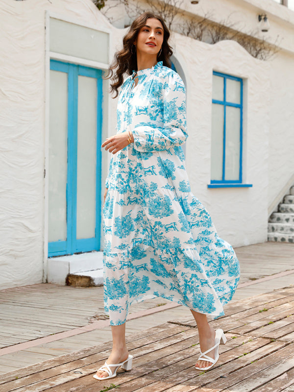 Women’s Printed Long Sleeve Ruffled Maxi Dress