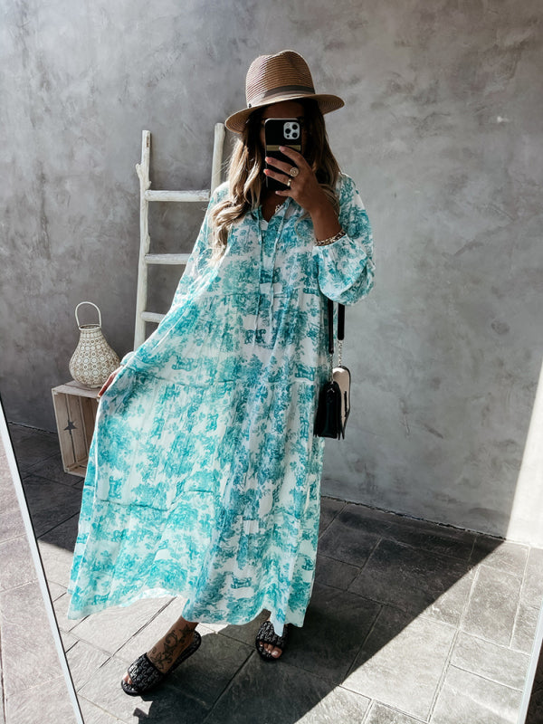 Women’s Printed Long Sleeve Ruffled Maxi Dress