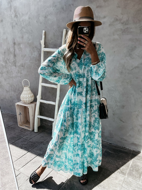 Women’s Printed Long Sleeve Ruffled Maxi Dress