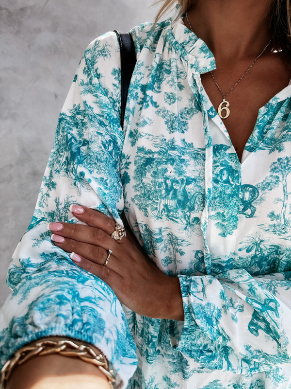 Women’s Printed Long Sleeve Ruffled Maxi Dress