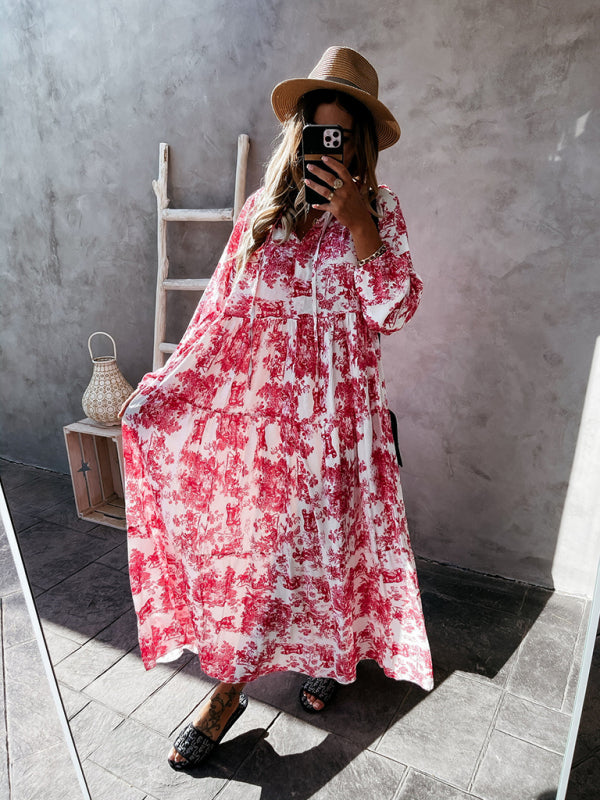 Women’s Printed Long Sleeve Ruffled Maxi Dress