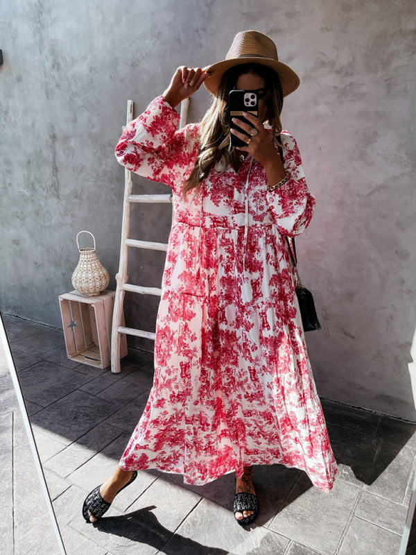 Women’s Printed Long Sleeve Ruffled Maxi Dress