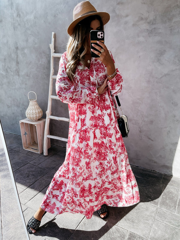 Women’s Printed Long Sleeve Ruffled Maxi Dress