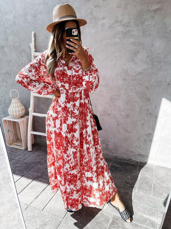 Women’s Printed Long Sleeve Ruffled Maxi Dress