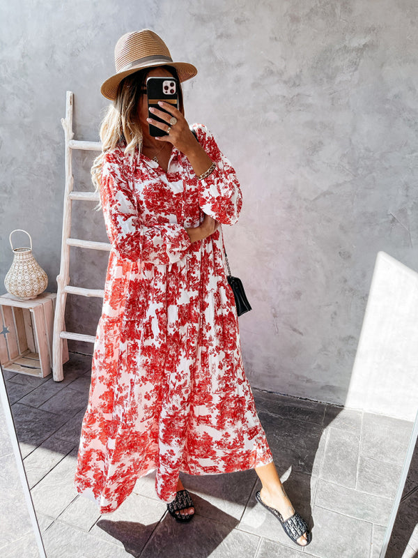 Women’s Printed Long Sleeve Ruffled Maxi Dress