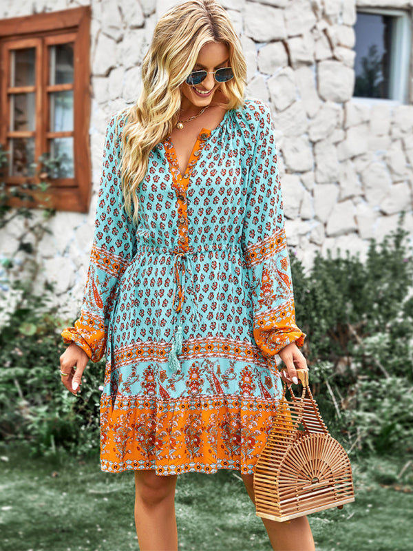 Long Sleeve Chiffon Scoop Neck Mini Dress - Serenity Land fashion