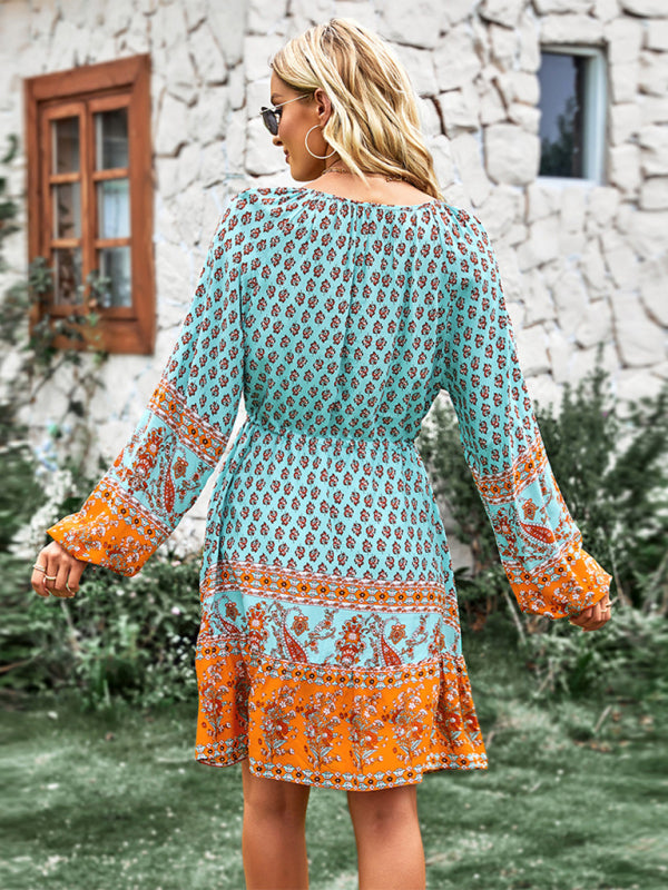 Long Sleeve Chiffon Scoop Neck Mini Dress - Serenity Land fashion