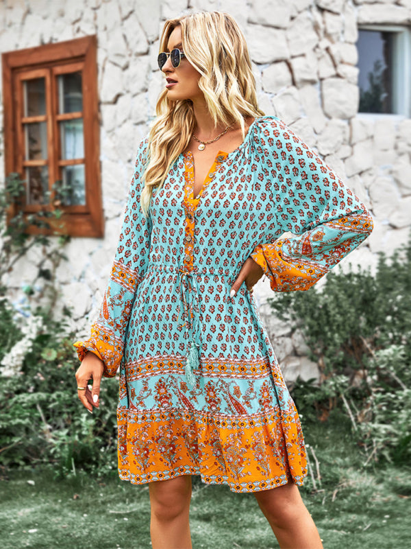 Long Sleeve Chiffon Scoop Neck Mini Dress - Serenity Land fashion