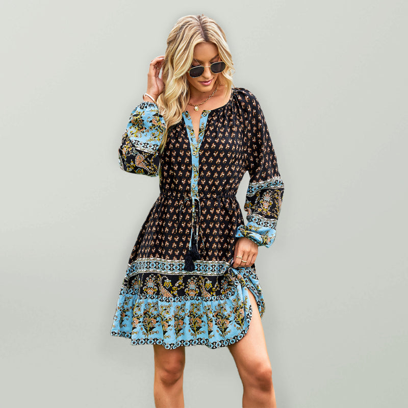 Long Sleeve Chiffon Scoop Neck Mini Dress - Serenity Land fashion