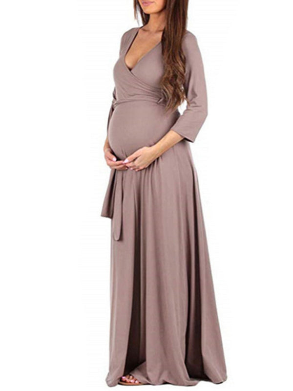 V-neck Three Quarter Sleeve Maternity Maxi Dress - Serenity Land fashion